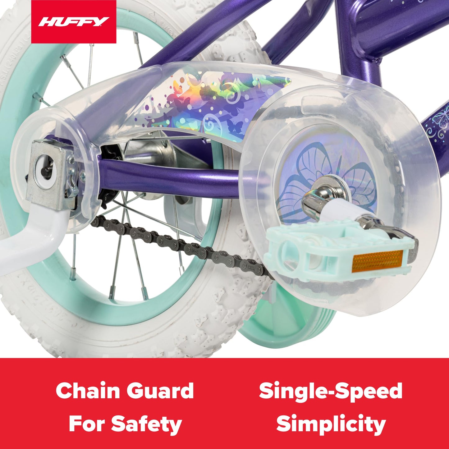 Huffy Illuminate 12” Girl’s Bike with Removable Training Wheels, Amethyst Purple Frame with Butterfly Graphics, Chain Guard, White Tires and Teal Rims