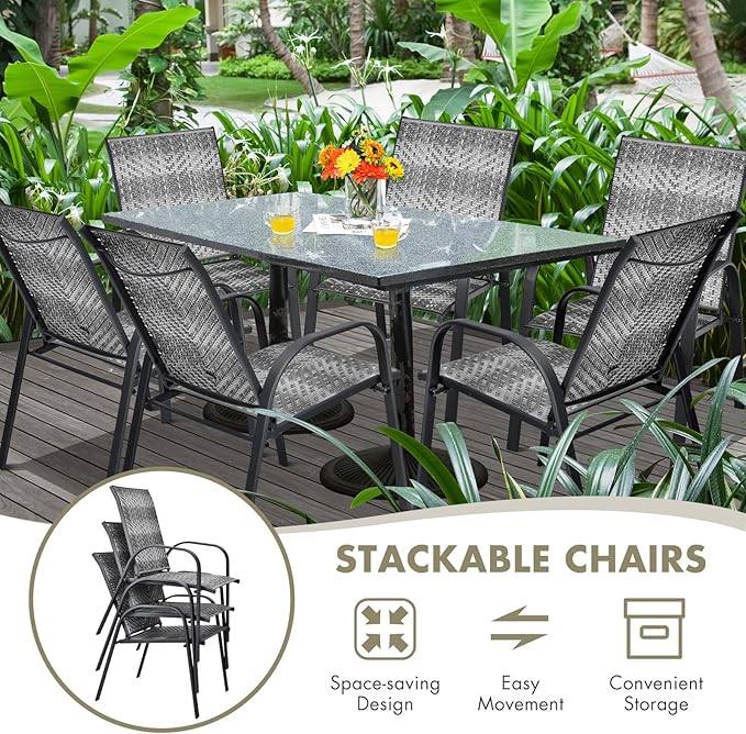 HAPPYGRILL Stackable Dining Chairs Set of 6, Outdoor PE Wicker Patio Arm Chairs with Rustproof Steel Frame, Stackable Bistro Deck Chairs for Backyard Garden and Poolside