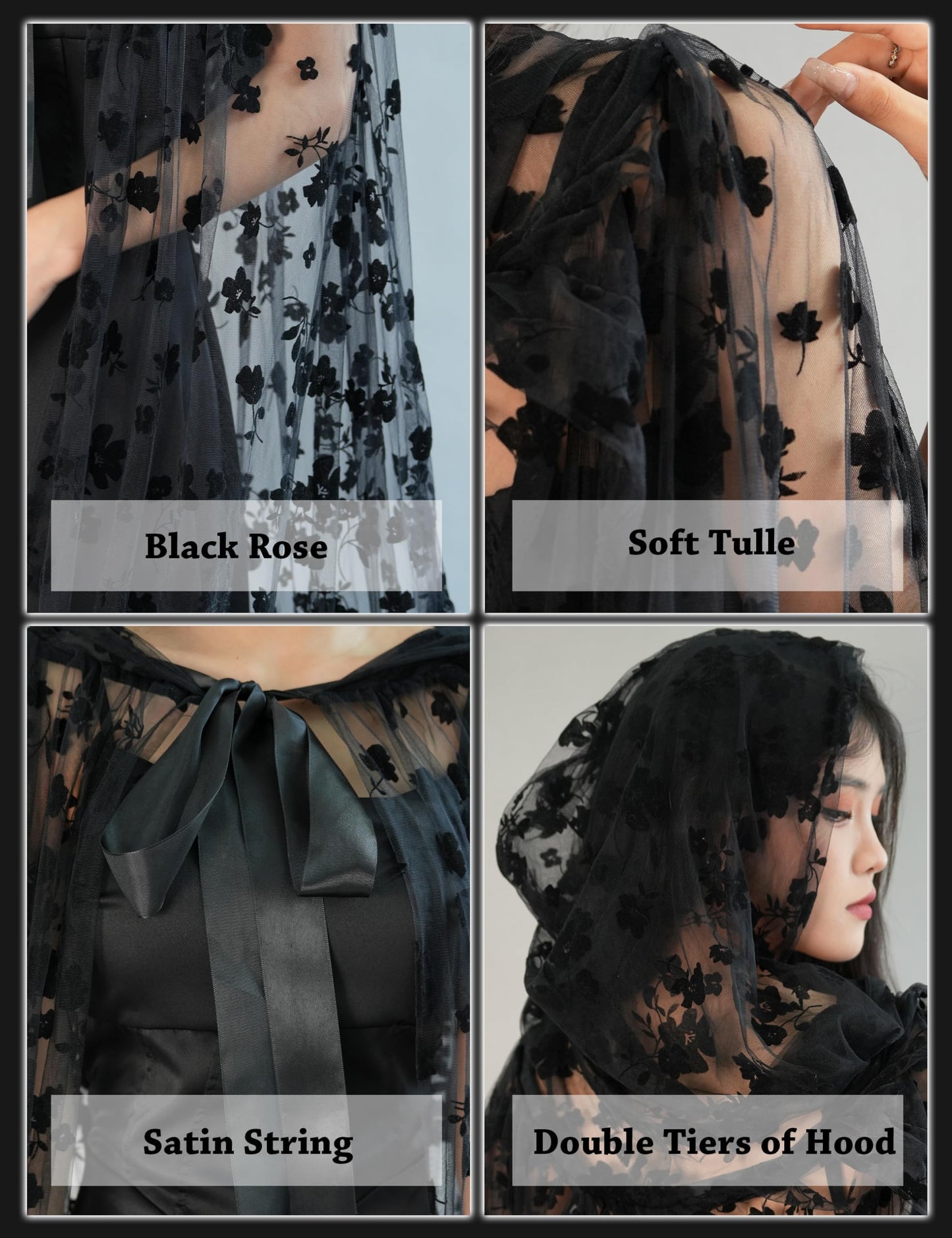 Black Hooded Cape Tulle Cloak Witch Gothic Costume Medieval Renaissance Wizard Vampire Robe with Hood for Women Adults