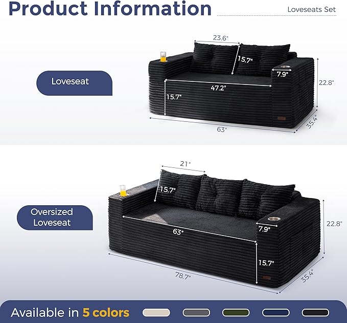 MAXYOYO Boneless Couch and Loveseat Sets for Small Spaces, Mini Love Seat Floor Couch with Cup Holders and Pillows, Upholstered Cloud Couch for Bedroom Apartment, No Assembly Required
