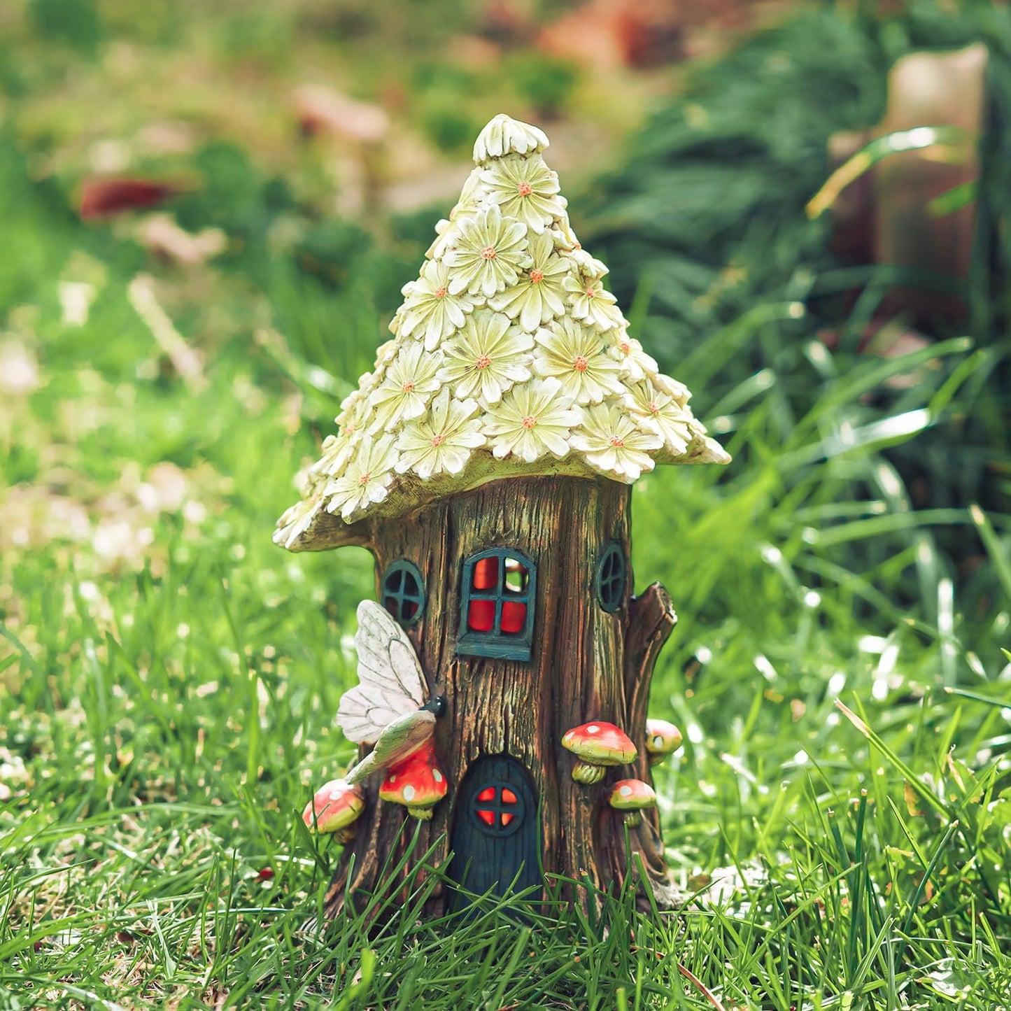 Resin Fairy House Statue Garden Flower Solar Powered Garden Statue Fairy House for Outdoor Decor,Yellow Wild Chrysanthemum