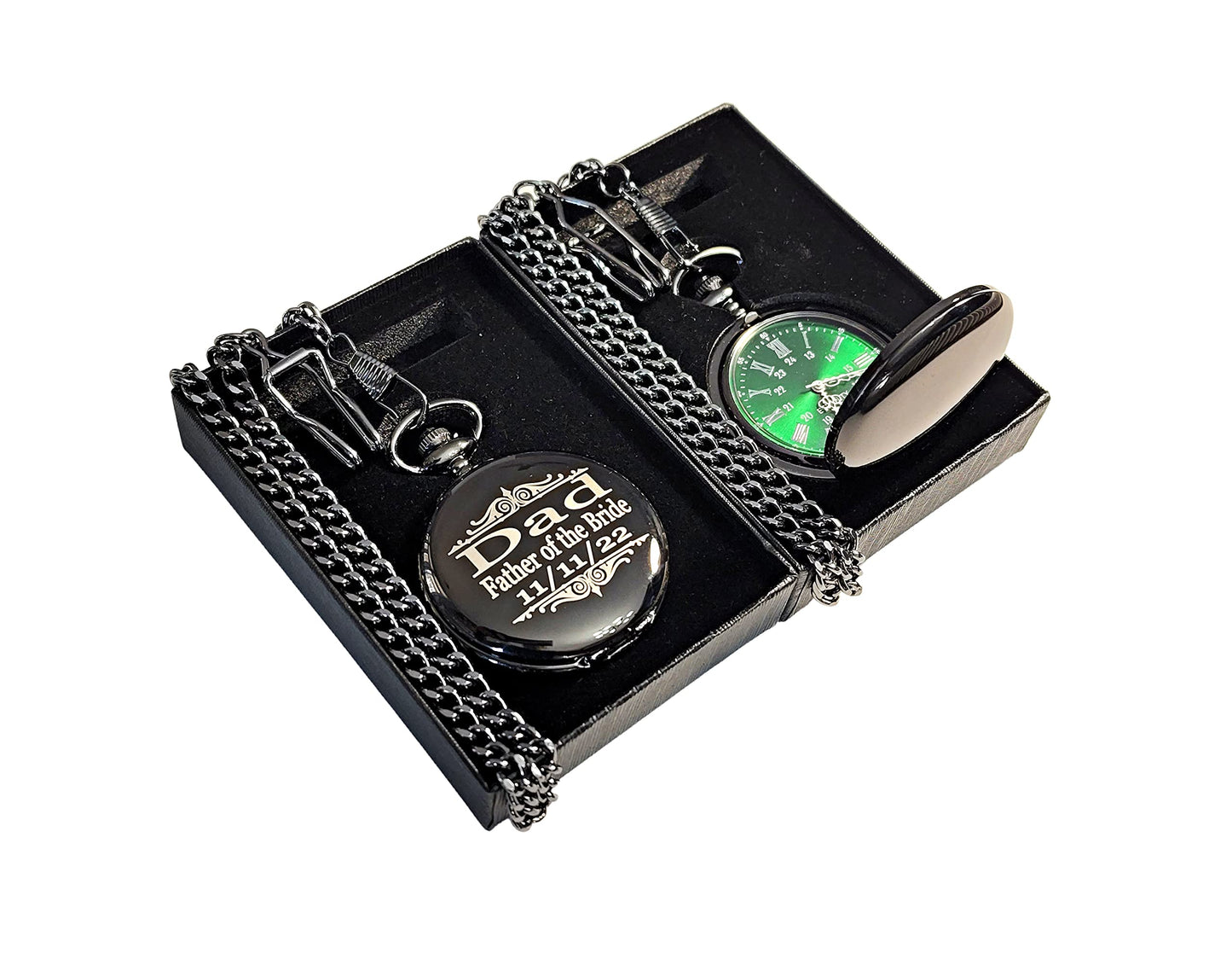 1 Engraved pocket watch - Comes with fitted custom box, chain and engraving - Green dial with Silver roman numerals - Personalized Wedding gifts (Rose Gold)