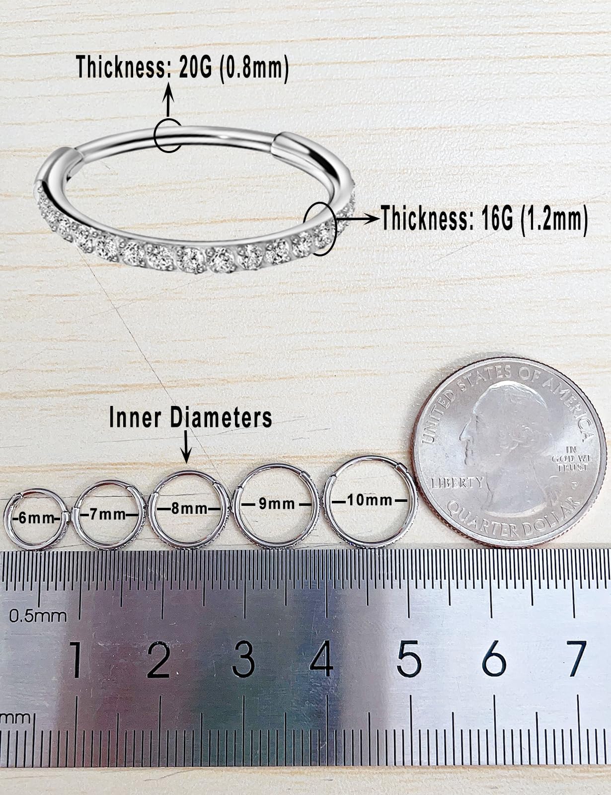 TDEBA 9mm Nose Ring Hoop, Nostril, Septum & Helix Conch Piercing Jewelry, Surgical Steel 20G Nose Ring Hoop - Silver,Clear CZ, 2