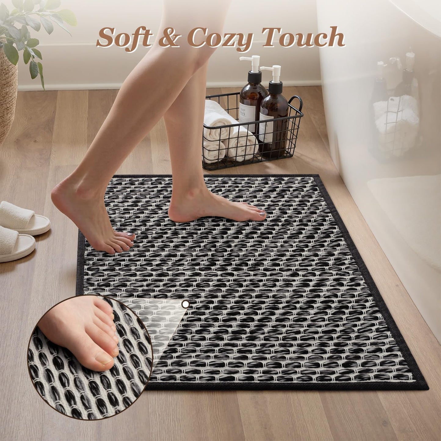 AMOAMI Unique Woven Bathroom Runner Rug, Super Absorbent Non Slip Bath Mats for Bathroom Textured Bathroom Mat Quick Dry Boho Rugs Runners for Hallyways Kitchen Bedroom Beside Tub, 2' x 6', Black