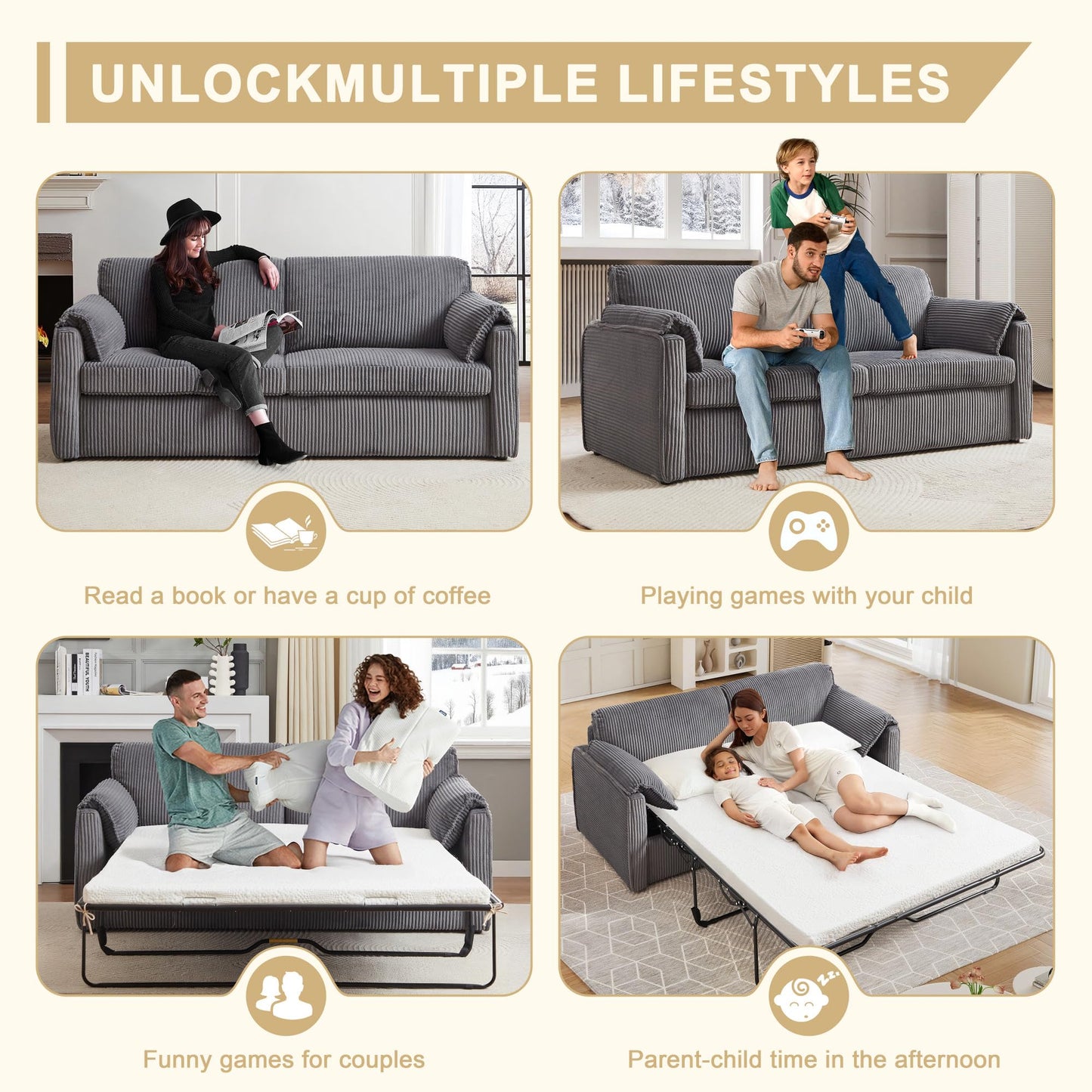 Chorlenimi Convertible Futon Sofa Bed Queen Size Sleeper Sofa with Mattress Included Pull Out Couch Bed Corduroy Couch Beds for Bedrooms Couches for Living Room (Gray, 80")
