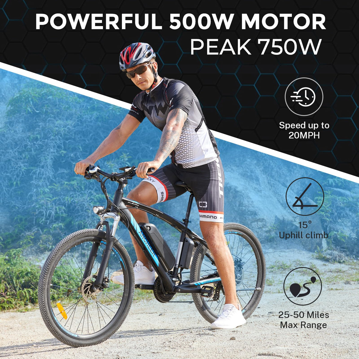 ANCHEER Hummmer Electric Bike for Adults 27.5'' Peak 750W Electric Mountain Bike/Ebike, 3 Hours Fast Charge, 55 Miles Electric Bicycle with 48v/499Wh Battery, LCD Display, 21 Speed Gears