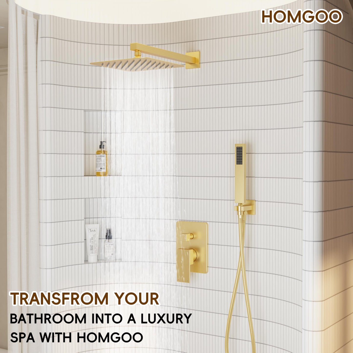 HomGoo Gold Shower System, Shower Faucet Set with 10" Rain Showerhead and Handheld Combo Spray, Bathroom Wall Mounted High Pressure Shower Combo Set Included Valve and Trim, Brushed Gold