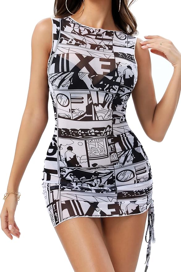 ABMOIU Sexy Mini Print Mesh Dress for Women, See Through Sleeveless Stretchy Bodycon Short Summer Dresses