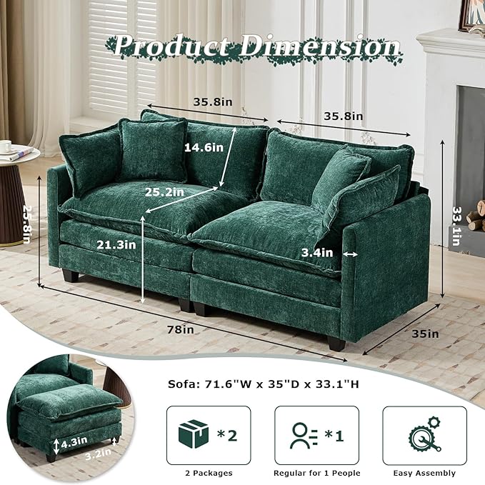 SoarFlash 77.95" Chenille Sectional Sofa, Comfy Modular Loveseat Sofa, Modern 2-Seat Couch Deep Seat Sofa Set for Living Room,Green