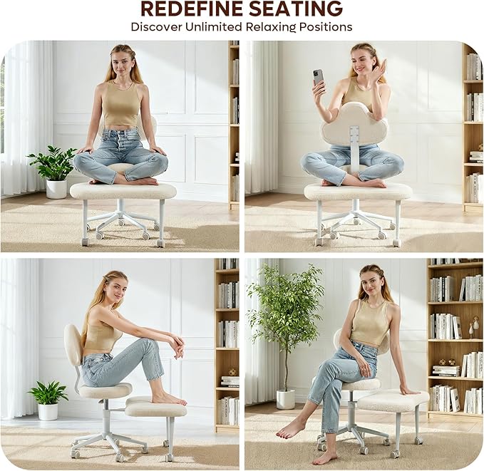 Cross Legged Office Chair with Wheels for ADHD, Ergonomic 360° Swivel Height-Adjustable Meditation Chair for Yoga, Kneeling Chair with 4 inch seat Cushion and Lumbar Support, Teddy Fabric, Off White