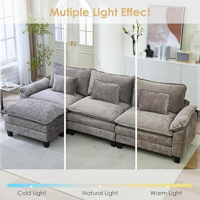 URRED Cloud Couch Modular Sectional Sofa, 122'' Modern L Shaped Deep Seat Sofa with Ottoman & Pillows, Ultra Comfy Chenille Couches for Living Room, Bedroom or Apartment, Gray