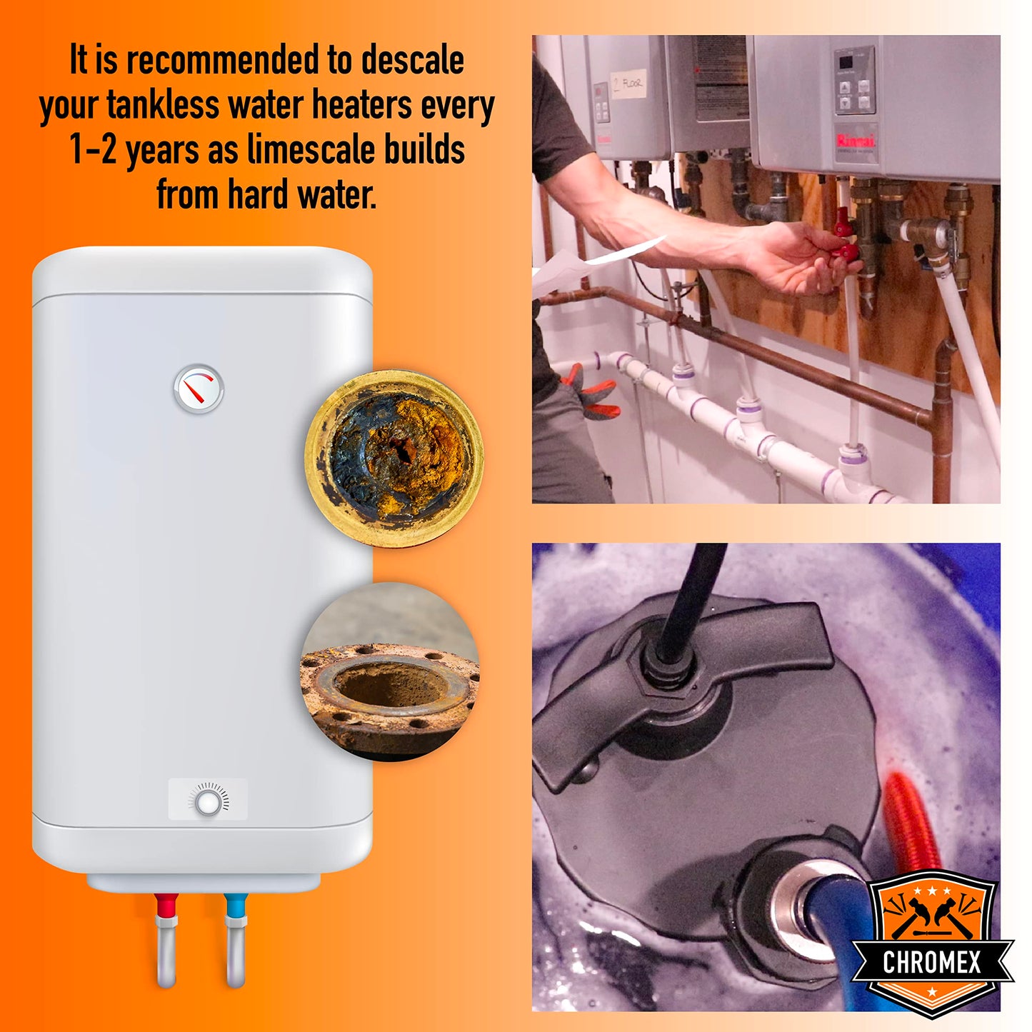 Chromex Tankless Water Heater Flush Kit with Gallon NSF Certified Liquid Descaling Solution and 1/6HP Extra Strength Pump