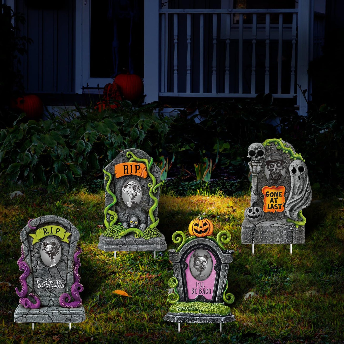 Hiboom 4 Set Large Halloween 3D Changing Face Rip Graveyard Tombstones and 19.7x13.8 Inch Halloween Skeleton Headstone RIP Graveyard Tombstones Outdoor Props Decoration for Yard Garden Lawn