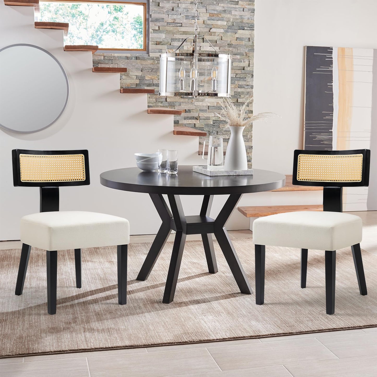 ZJhome Rattan Dining Chairs Set of 4, Mid-Century Modern Fabric Upholstered Dining Room Chairs with Black Hardwood Frame, Curved Backrest Kitchen Chair Armless Accent Chairs for Dining Room (Cream)