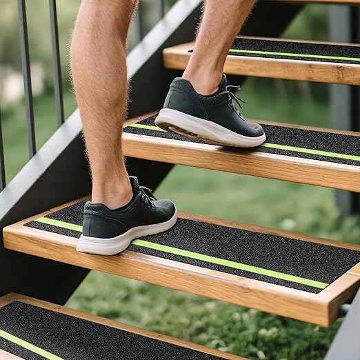LadyRosian Outdoor Stair Treads Non Slip 15-Pack Black Glow 6" x 30" - Weather Resistant Adhesive Heavy Grip Tape - Waterproof Anti Skid Strips- Glow in The Dark 80-Grit Adhesive Treads