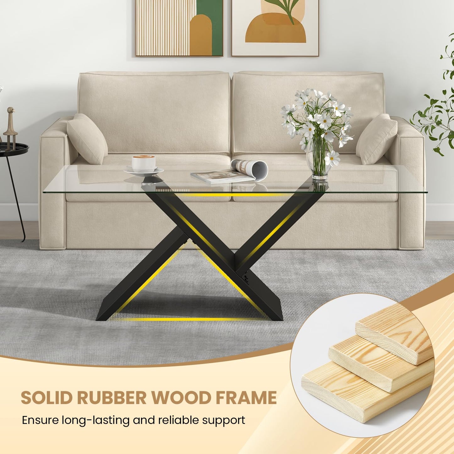 Tangkula Rectangle Glass Coffee Table, 47” Modern Center Table with Tempered Glass Tabletop & Geometric Rubber Wood Frame, Versatile Accent Table for Living Room (Black)