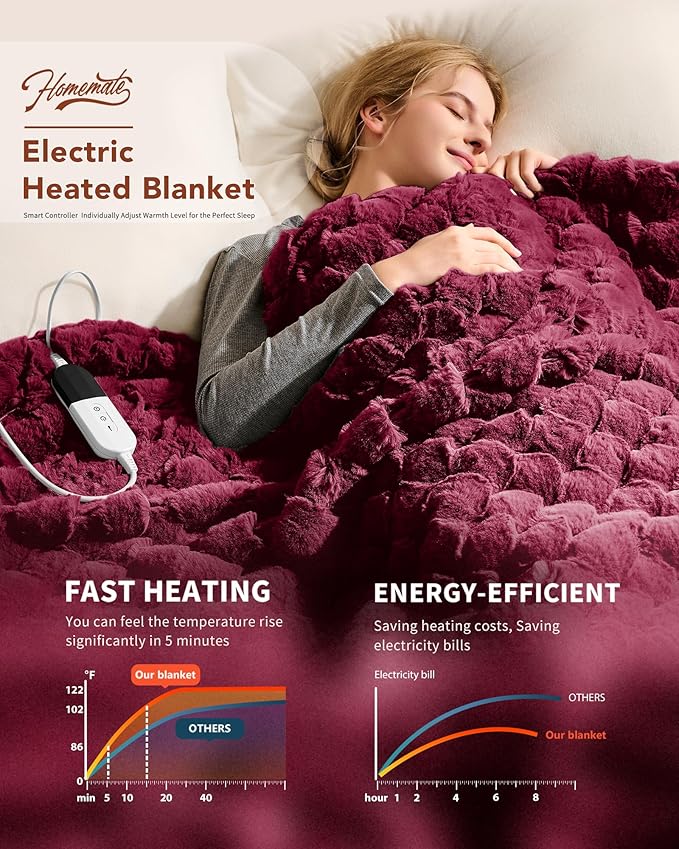 Homemate Electric Heated Throw Blanket - 50"x60" Luxury Faux Fur Heating Bed Blankets with 10 Heating Levels 8 Hours Auto Off Fast Heating Over-Heated Protection Ultra Soft Warm Flannel ETL Certified