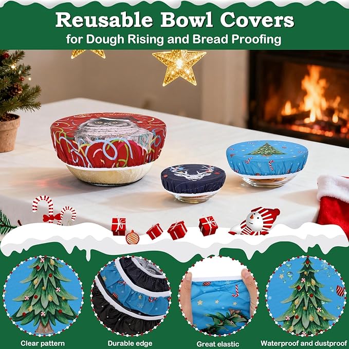 5-Size Beeswax Bowl Covers for Bread Proofing, Reusable Cotton Cloth Bowl Covers, Flexible Beeswax Wraps for Food Storage Christmas Holiday Kitchen Decor(Santa Kitty)