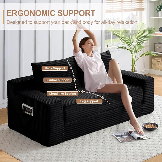 73" Convertible Sofa Bed, 2 in 1 Folding Couch Bed, Boneless Couch in a Box, Cloud Loveseat Sleeper, Fold Out Comfy Floor Futon Sofa with 2 Pillows for Living Room Bedroom, No Assembly (Black, 73")