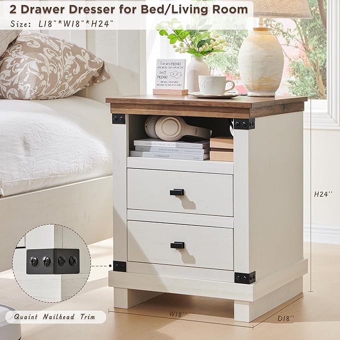 RedLemon Farmhouse Nightstand with Charging Station, 18" Rustic Night Stand with 2 Storage Drawers, Wood End Table for Bedroom, Living Room, Antique White