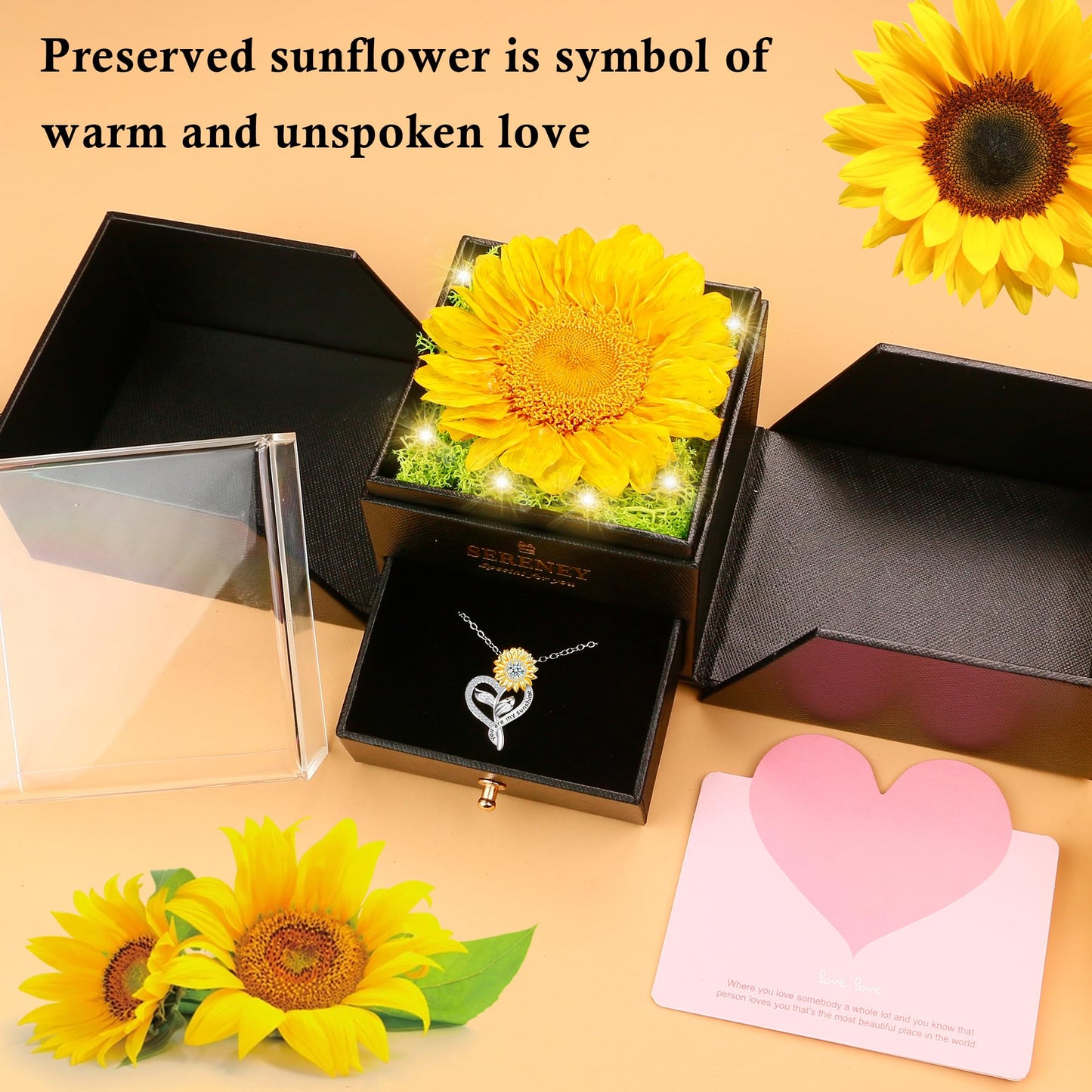 Sereney Preserved Sunflower Gifts for Women, You are My Sunshine Necklace as Flower Jewelry Birthday Gift for Mom, Silver Necklace Anniversary Yellow Gifts for Wife Daughter Girlfriend