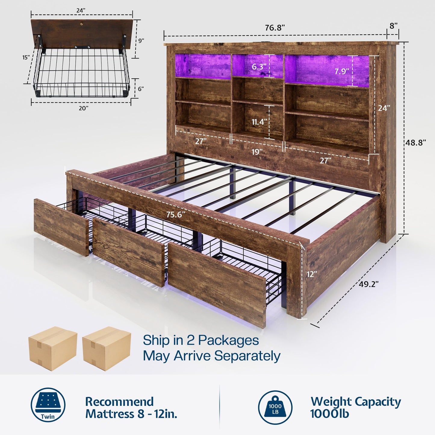 Jocisland Twin Daybed with Bookcase Headboard, USB-C Charging, RGB Lights & 3 Drawers, No Box Spring Needed, Wood Bed Frame for Teens, Dorms, Guest Room, Rustic Oak
