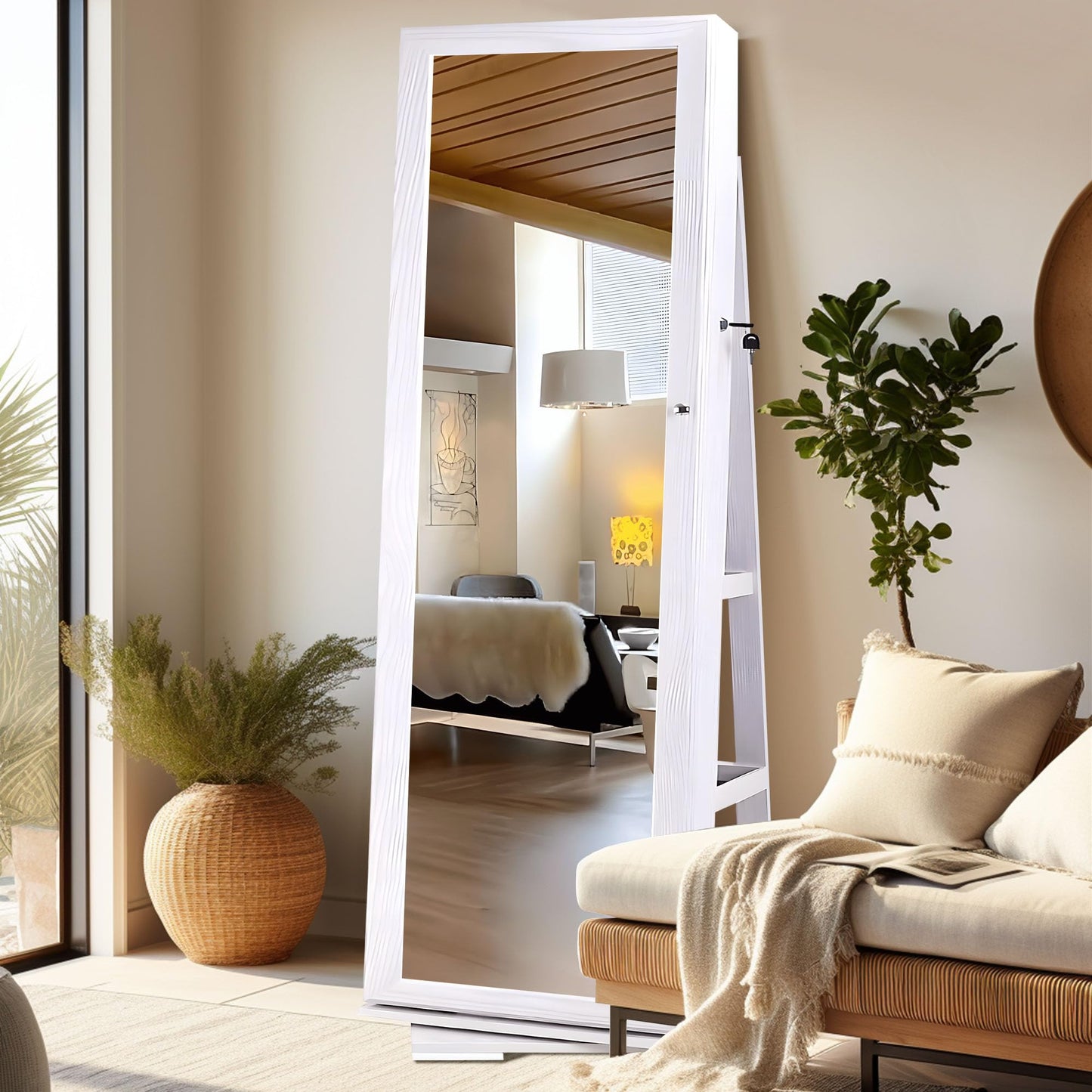 sogesfurniture Lockable Floor Standing Wooden Jewelry Armoire with Full Length Mirror 360°Rotatable Jewelry Organizer Cabinet Lockable with Storage Shelf, White BHUS-QH-7021C