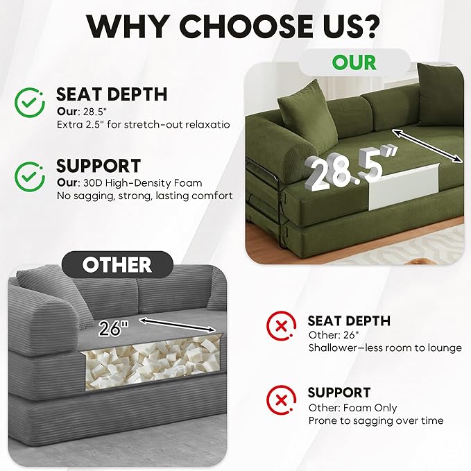 ZEIINPA Convertible Sleeper Sofa Bed with Cylindrical Pillow, Corduroy Folding Mattress Couch with Fixed-Shape Frame, Floor Sofa Lounge Couch for Living Room Bedroom Lounge Studio-Green