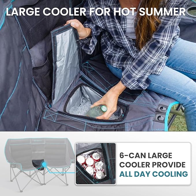 FUNDANGO Extra Wide Double Camping Chair for Adults with Cooler, Oversized 2 Person Loveseat, Padded Heavy Duty Two Person Folding Lawn Couch seat with Cup Holders for Outdoor, Camp, Sports & Lawn
