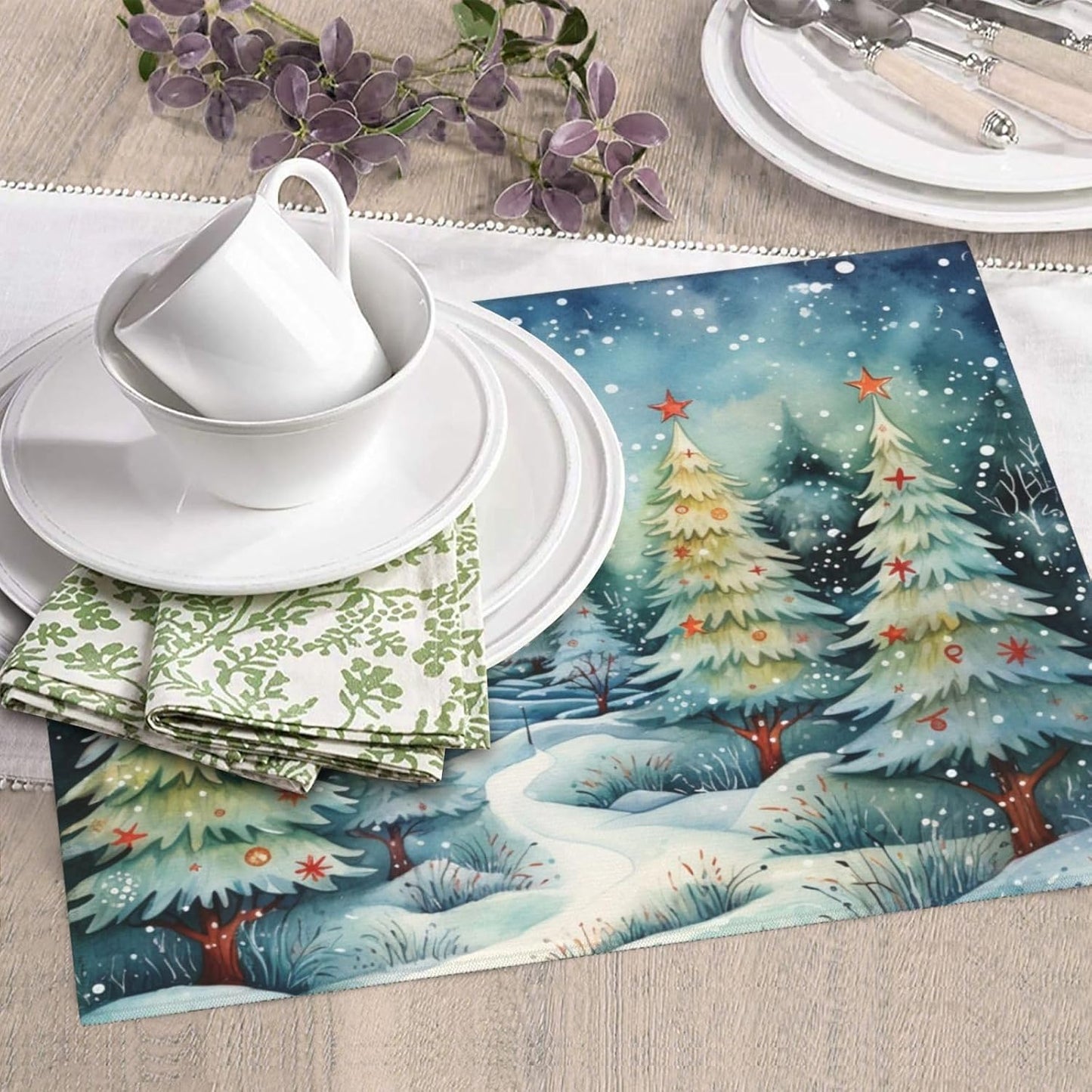 Dish Drying Mat Christmas Tree Watercolor Winter Forest for Kitchen Counter Absorbent 16x18 Inch Microfiber Dishes Plate Glass Dry Draining Pad Reversible Washable