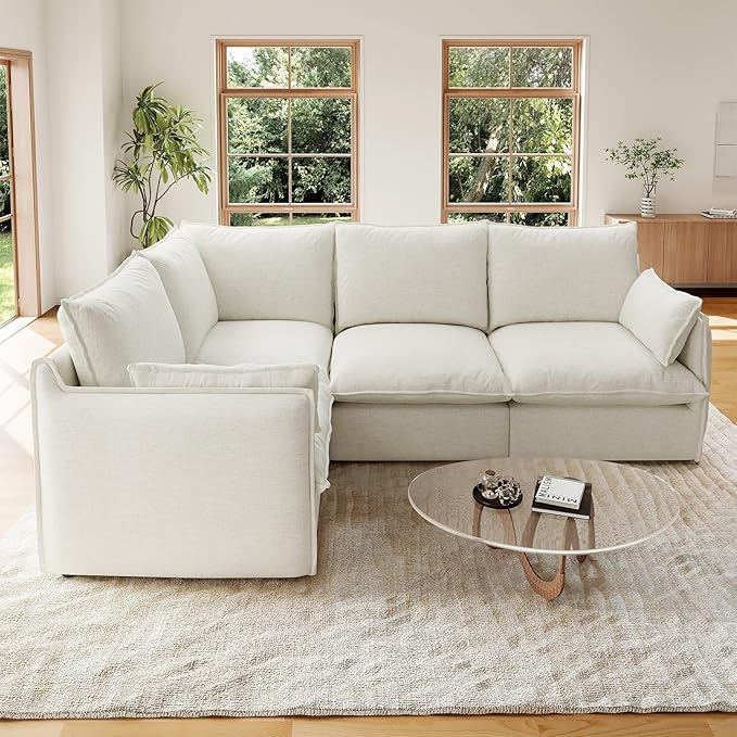 Forest aesthetics Cloud Modular Sectional,Waterproof High Backrest 4 Seater Sectional Couches,Down Filled Modular Couch with Removable Washable Cover for Living Room,Cream White