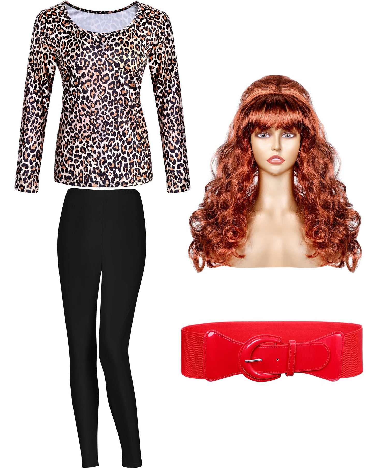 Bonuci 4 Pcs Halloween 80s Costume Married Women Leopard Printed Tops Tights Copper Red Wig Wide Stretchy Belt for Cosplay(Large)