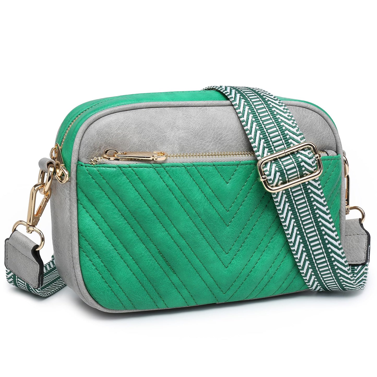 VONMAY Crossbody Purse for Women Quilted Crossbody Bags Vegan Leather Purses Small Shoulder Handbags with Wide Strap (Green/Grey)