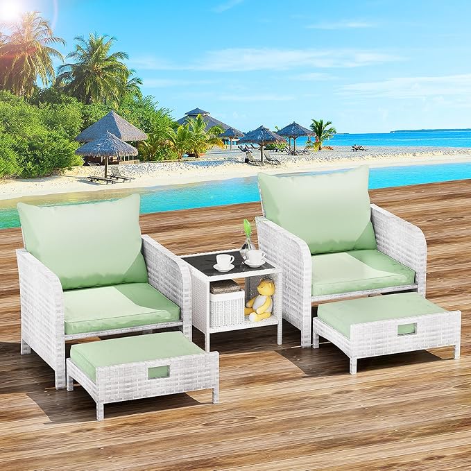 LEVELEVE Balcony Furniture 5 Piece Patio Conversation Set, PE Wicker Rattan Outdoor Lounge Chairs with Soft Cushions 2 Ottoman&Glass Table for Porch, Lawn-Grey Wicker