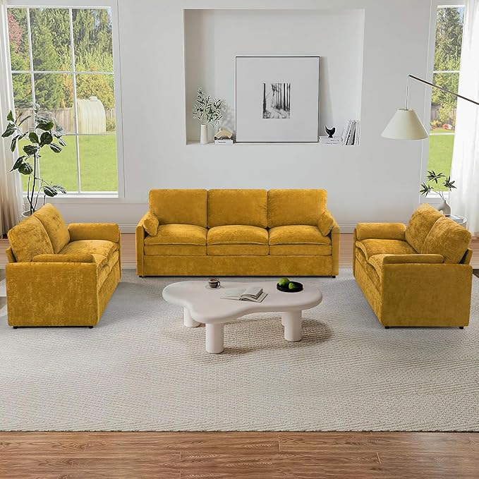 ACMEASE 3 Pieces Chenille Sofa Set w/Arm Pillows, Upholstered 2 Pieces Loveseat & 3 Seater Sofa w/Comfortable Back Cushions, Modern 2-Seat & 3-Seat w/High-Density Foam for Living Room, Yellow