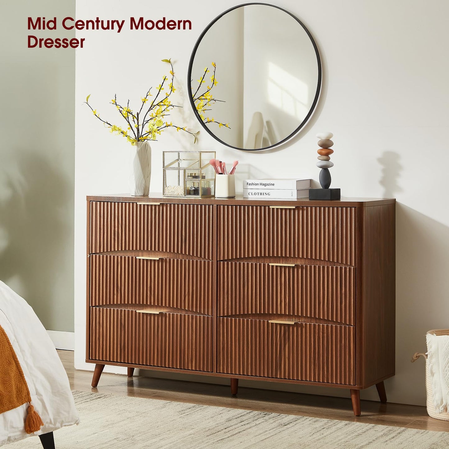 Evermagin 55" Wide Fluted 6 Drawer Dresser, Mid Century Modern Curved Dresser, Light Wood Chest of Drawers for Bedroom, Living Room and Entryway, Walnut