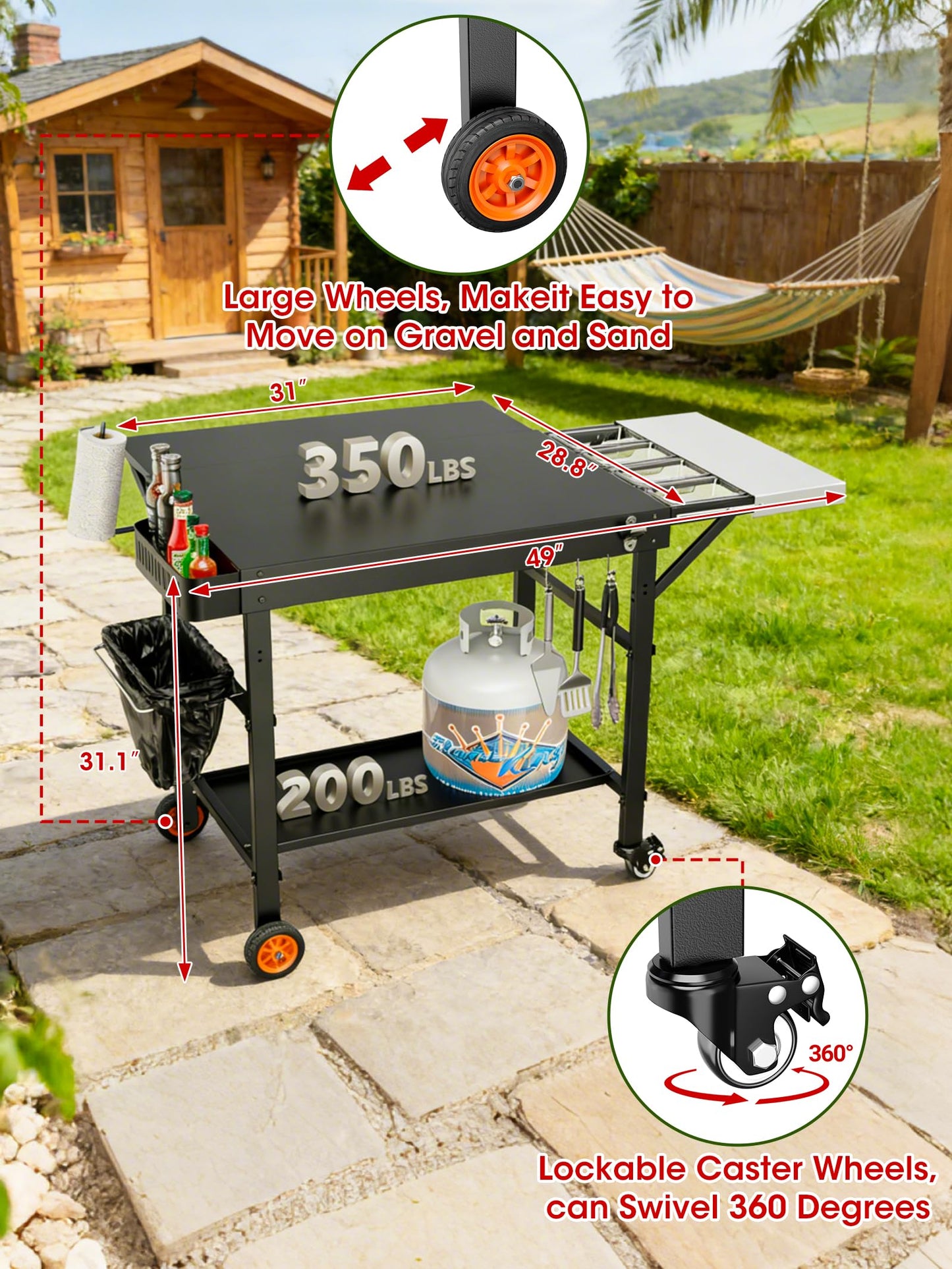 Outdoor Pizza Oven Table, Movable Grill Side Table, Expansive Countertop Pizzas Oven Accessories, Pizzas Stands for Party with Wheels, Fits Ooni Blackstone Ninja Cuisinart Gozney
