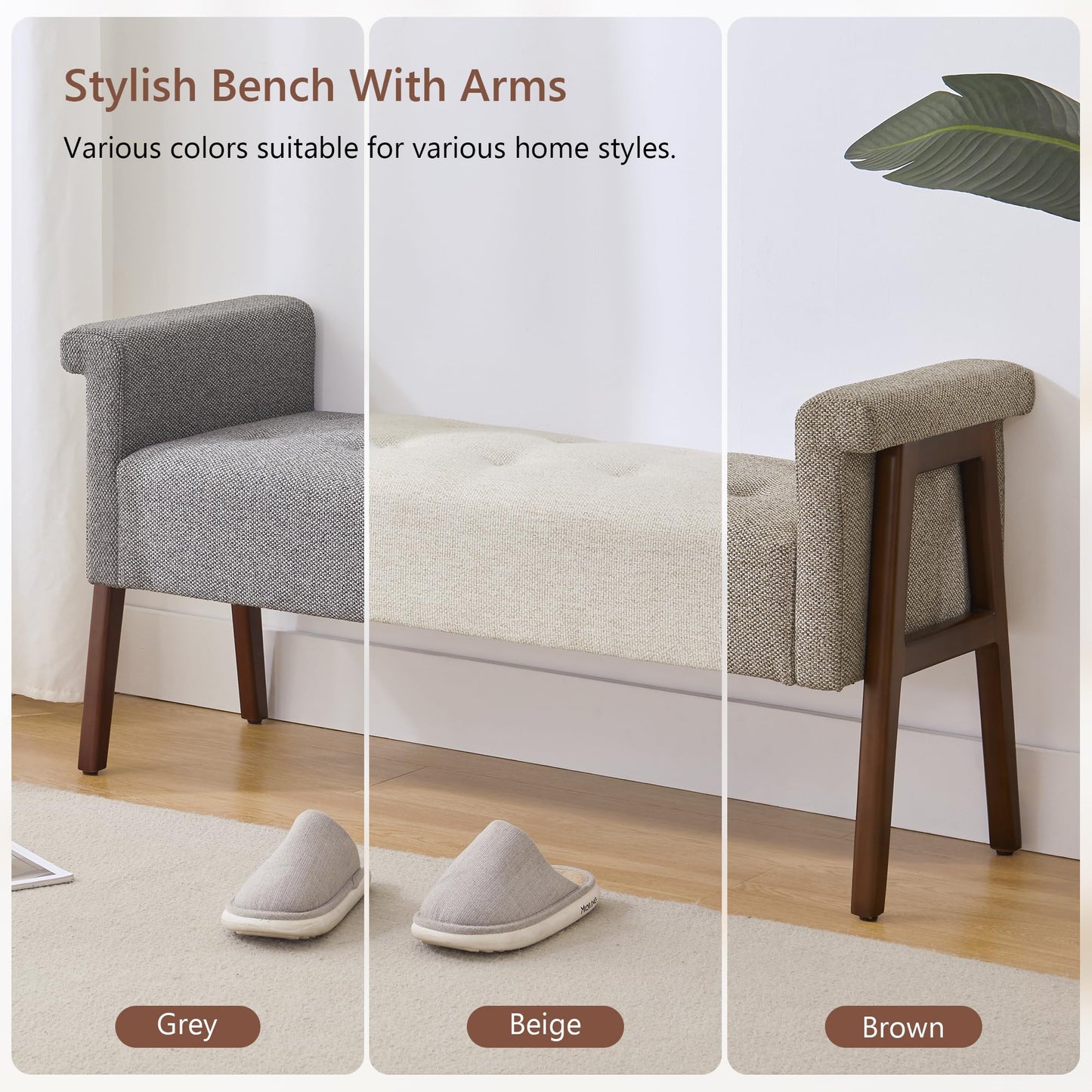 HUIMO Arms End of Bed Bench with Button Tufted Design, Indoor Bcench,Upholstered Entryway Bench and Solid Wood Legs for Bedroom,Hallway,Window Sill(Beige)