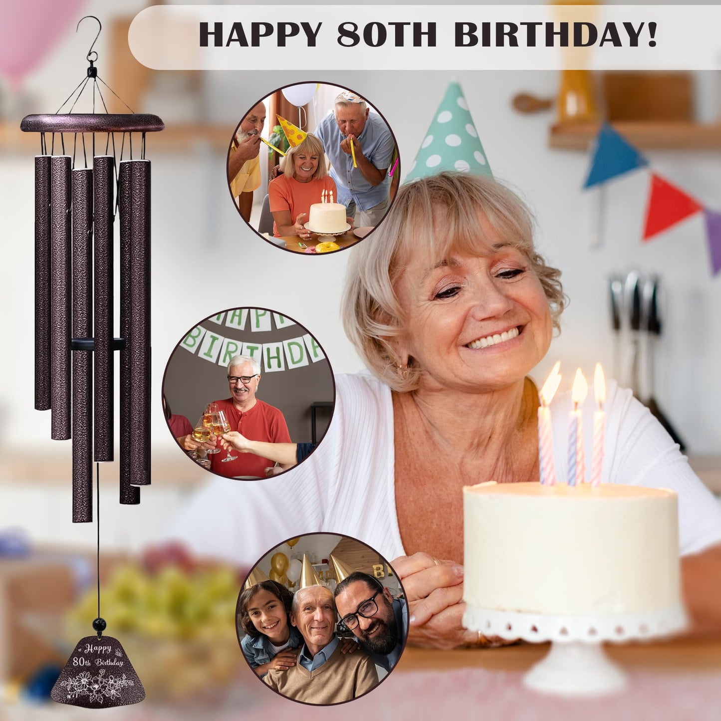 Yesruby 80th Birthday Gifts for Women/Men, 80th Birthday Decorations 32” Wind Chimes Outside, 80 Year Old/1945 Bday Gifts for Men/Women