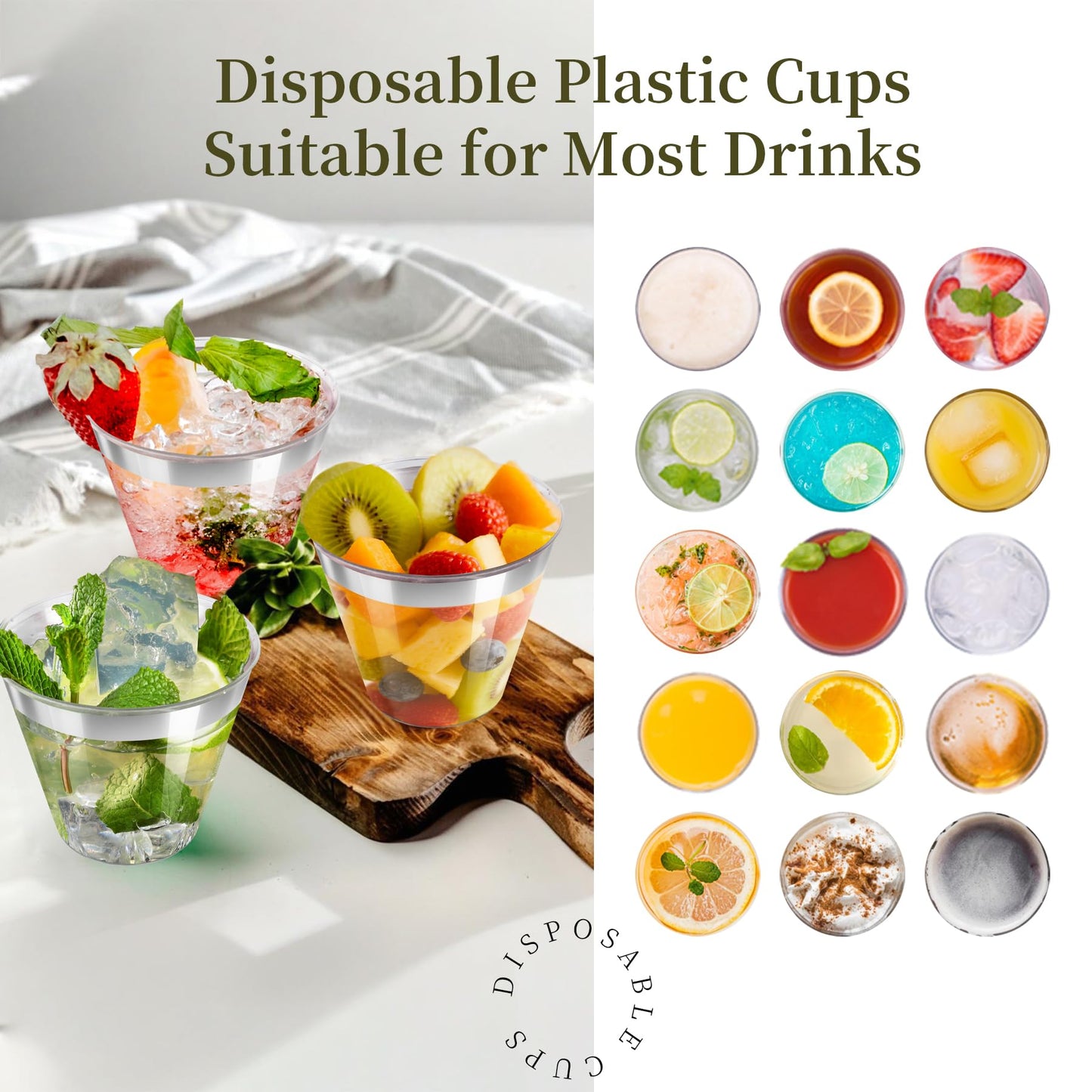 [200 Pack] 9oz Clear Plastic Cups with Silver Rimmed Sturdy & Food Safe Disposable Wine Glasses Party Wedding Disposable Drinking Cups Plastic Cocktail Glasses for Wine, Juice & Cold Beverages