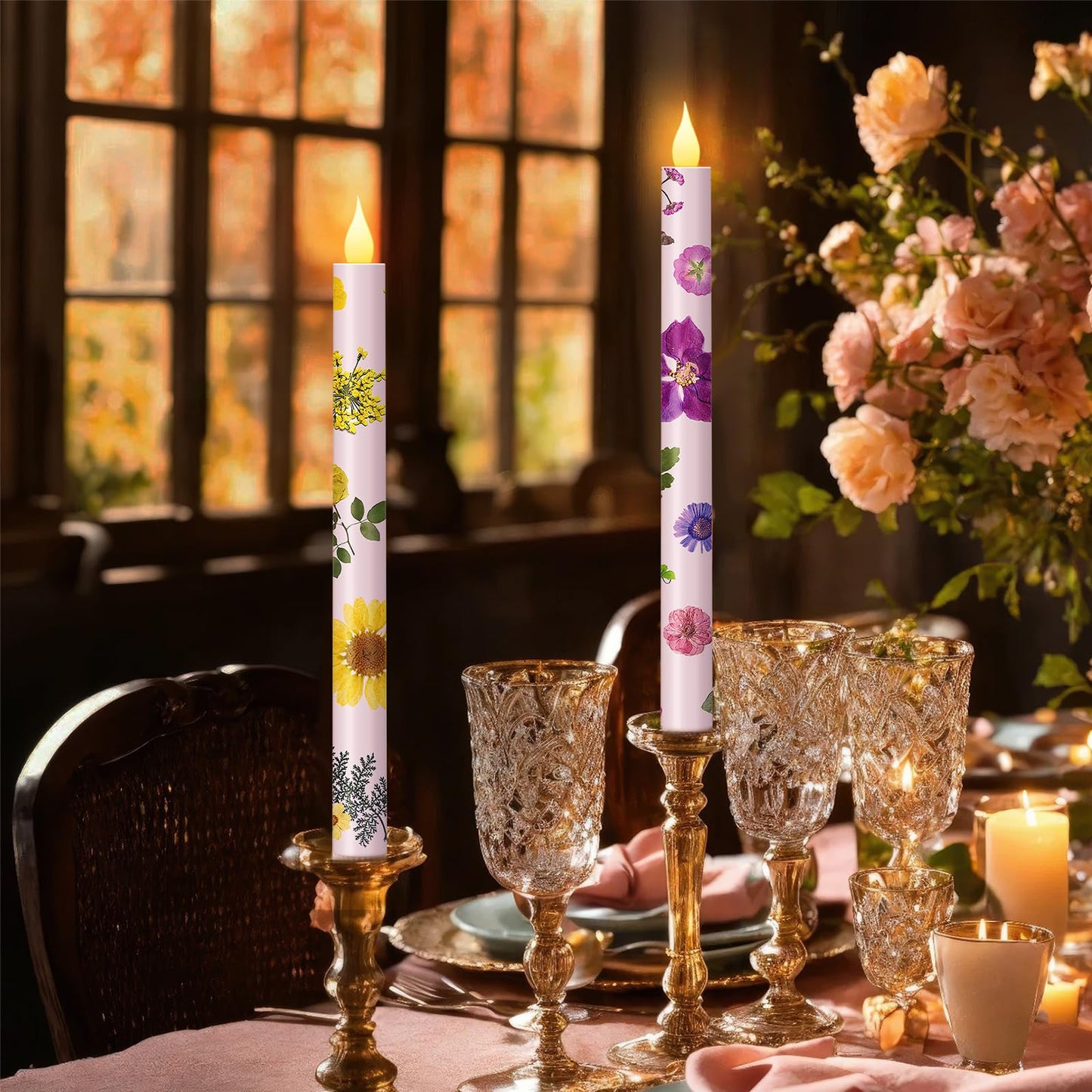 Nuanchu 6 Pcs Floral Taper Candles 10.6 Inch Pastel Flameless Candles Colored Battery Operated Dried Flower Candlestick Led Pres