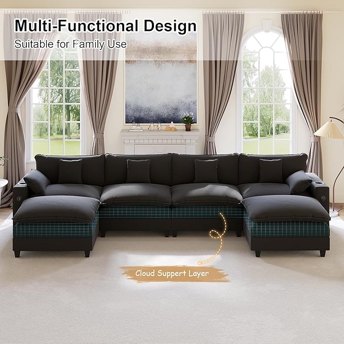 KCGKCG 152" Modular Sectional Sofa, U Shaped Cloud Couch with Movable Ottoman, Chenille Deep Seat Cloud Sofa with Charging Station, Cup Holder, Side Pocket, Sectional Couches for Living Room, Black