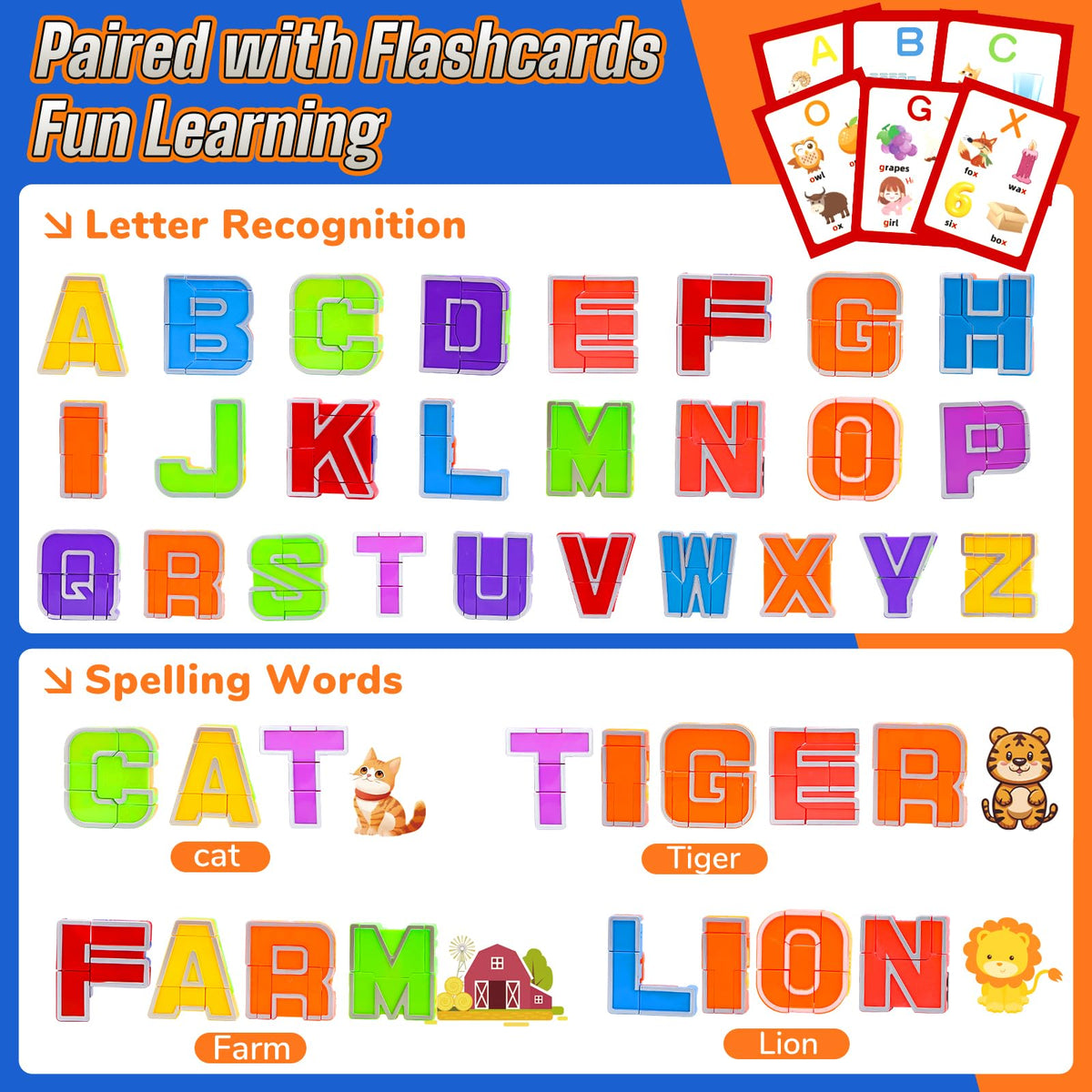 HOPANDOS Alphabet Robots Transforming Toys with 26 Phonics Cards & Storage Box, Toddlers Education Toy, ABC Learning Robots for Kids Ages 3-7 Boys and Girls Birthday Gifts