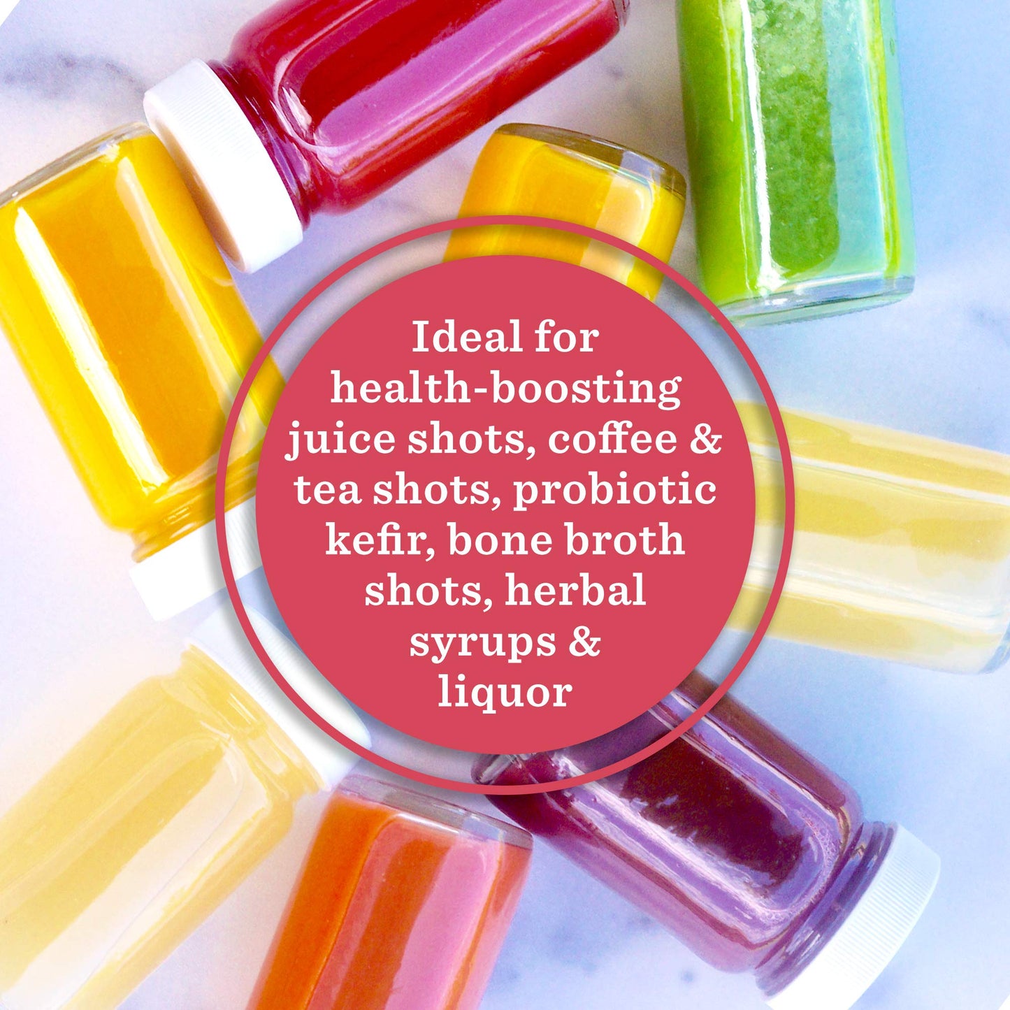Juice Shot Bottles Set - Wide Mouth for Juicing, Beverage Storage, Liquids, 2 oz, Clear Small Glass Bottles with White Caps, Reusable, Leak Proof, Jars (8 pack)