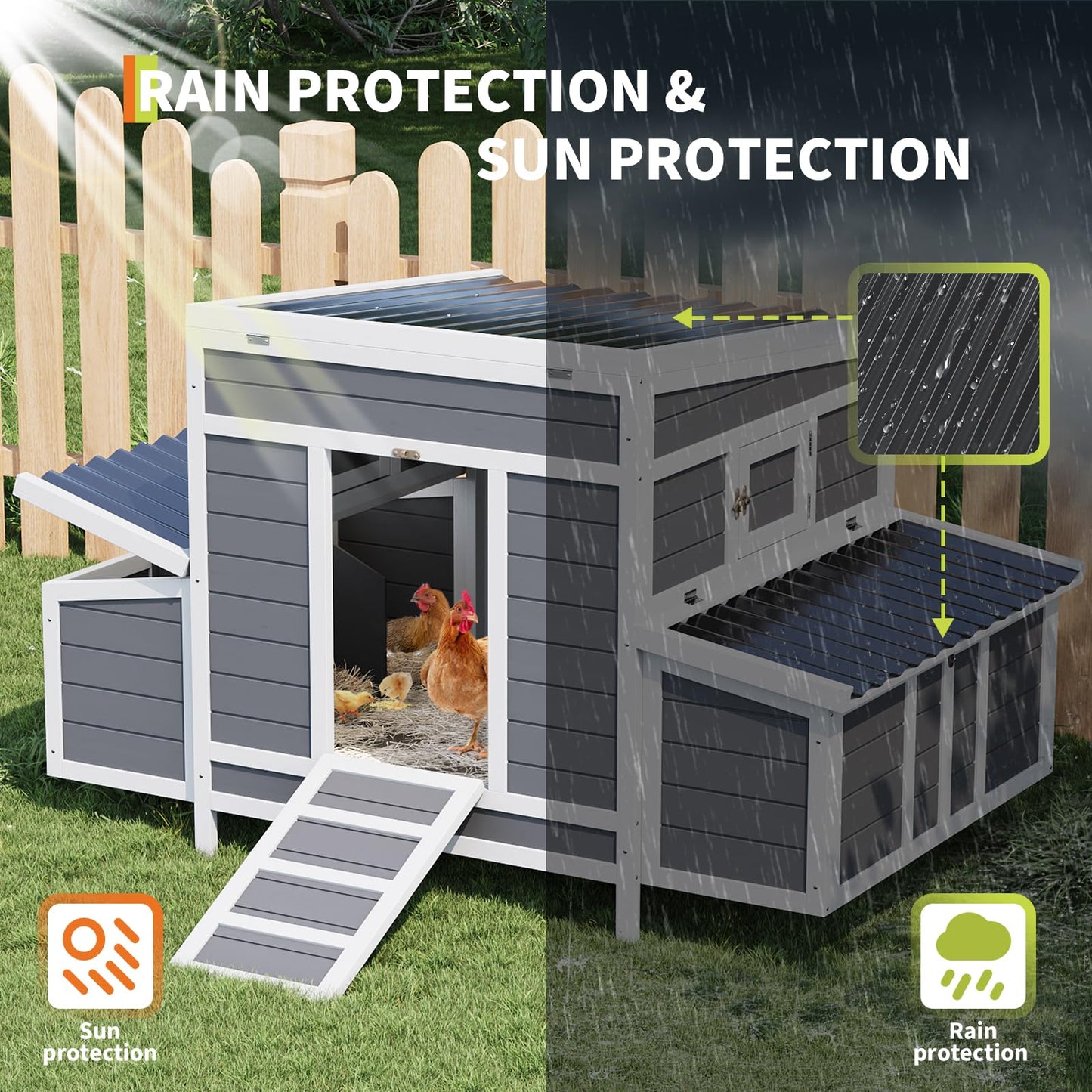 Wooden Chicken Coop, Large Chicken Coop for 4-6 Chickens, with 6 Nesting Boxes, Outdoor Poultry Cage Rabbit Cage with Ramps & Tray, 54.41" x 34.49" x 34.05"