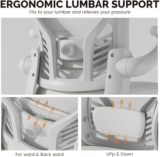 Ollega Computer Desk Chair with Wheels, Mesh Office Chair with Flip Up Arms, Adjustable Lumbar Support, Swivel Desk Chair Comfy, White