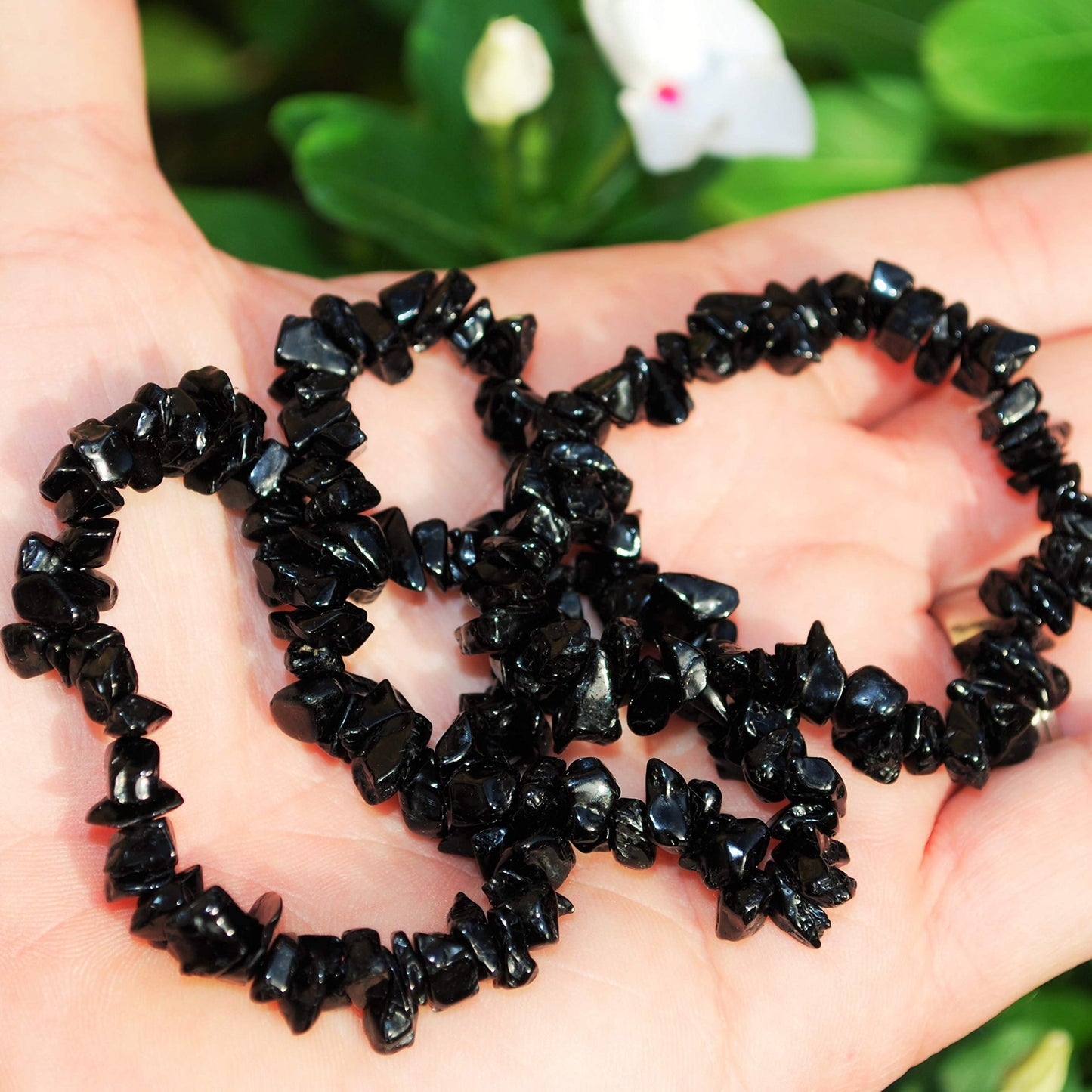 Zenergy Gems [1] CHARGED 7 Black Tourmaline Crystal Chip Bracelet Tumble Polished Stretchy + Selenite Heart Charging Crystal Inc
