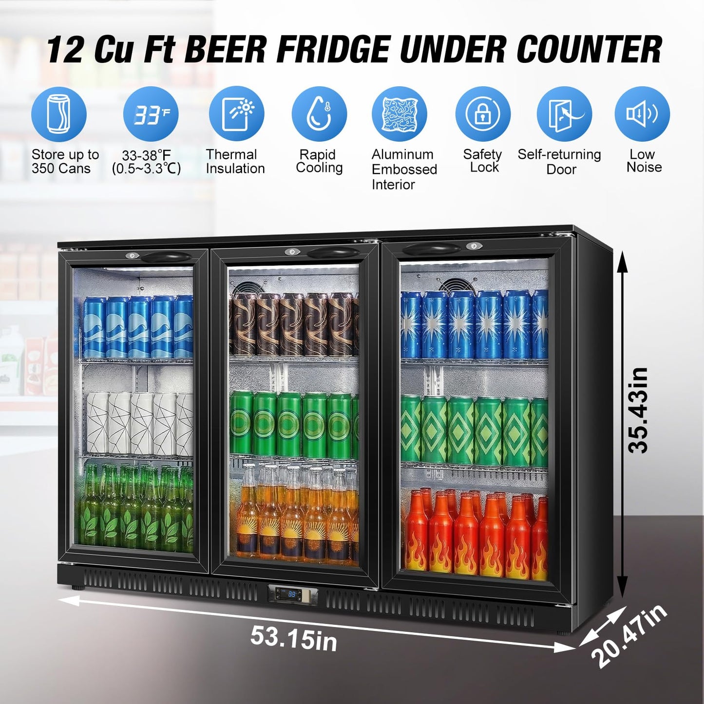 Beverage Refrigerator, 53.15W Inch 12 Cu.Ft Drink Fridge, Back Bar Beer Fridge with 3 Glass Door, 35.43" Height Beverage Cooler, Built-in & Undercounter Commercial Back Bar Cooler for Kitchen Shop Bar