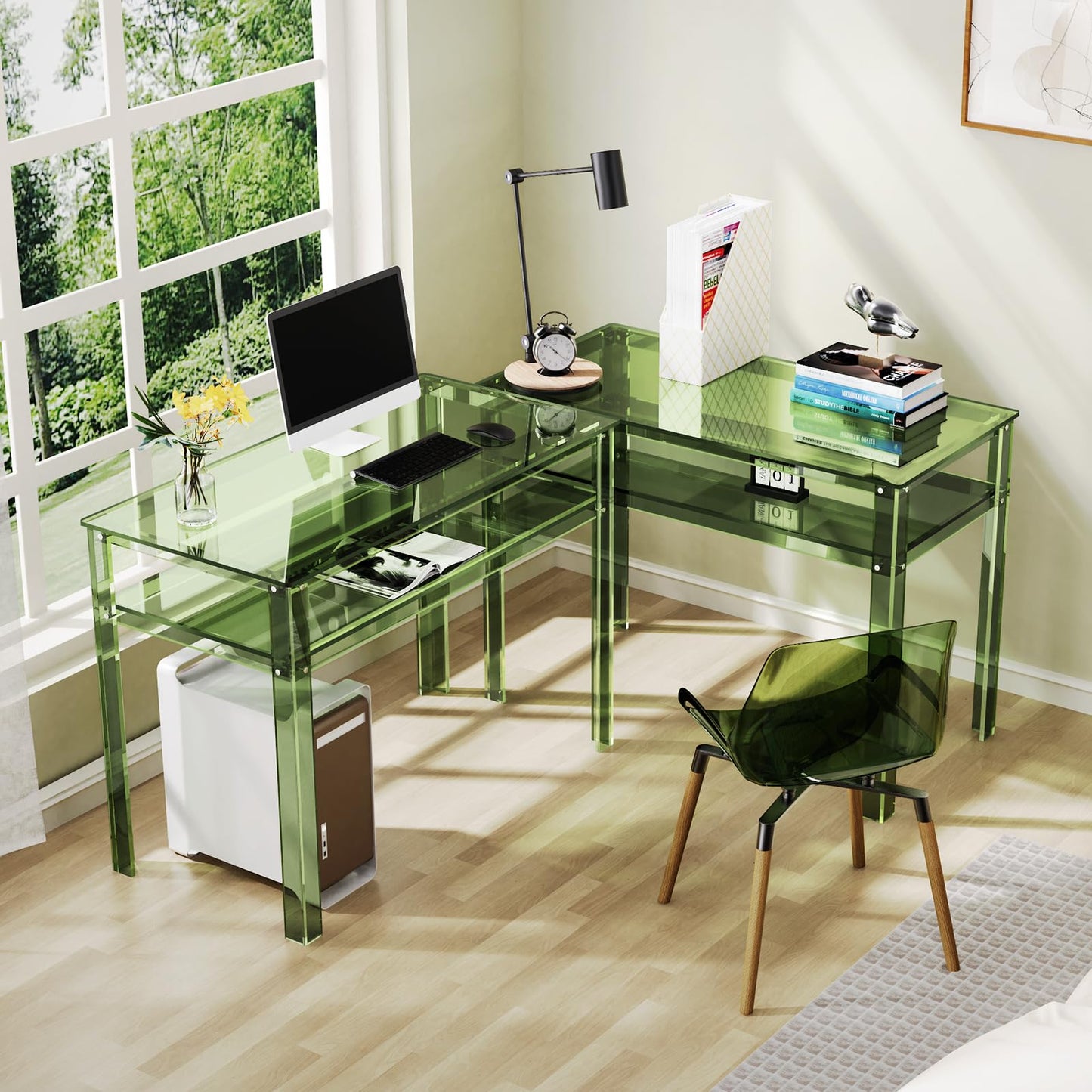 solaround Clear Acrylic Desk with Open Storage, Home Office Computer Writing Desk Office Study Table (Green, 39.4'' x 19.7'' x 29.5'')