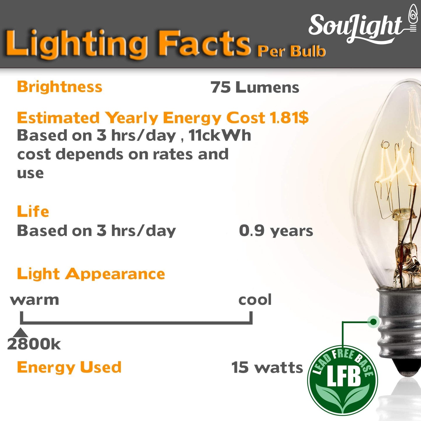 SouLight Salt Lamp Light Bulb - 15 Watt Replacement Bulbs for Himalayan Salt Lamps & Baskets, Chandeliers, Candle & Wax Warmers, Night Light Bulbs. E12 Socket, C7, Warm White – 12 Pack